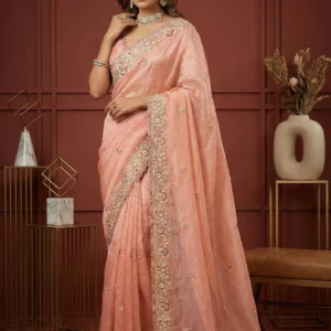 Peach Georgette Floral Embroidery Saree