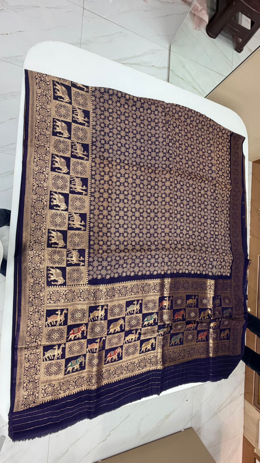 Navy Blue Dola Silk with Meenakari Animal Weave